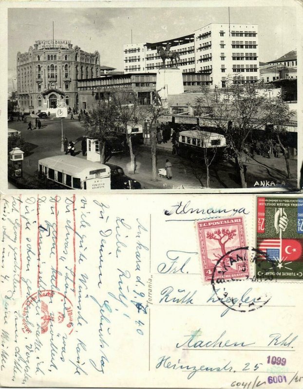 turkey, ANKARA, Street Scene, Bank, Bus (1940) RPPC, German WWII Censor Cancel