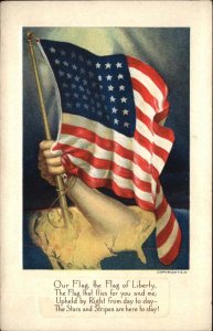 Arm Extended from Map Holds American Flag Fantasy c1910 Vintage Postcard