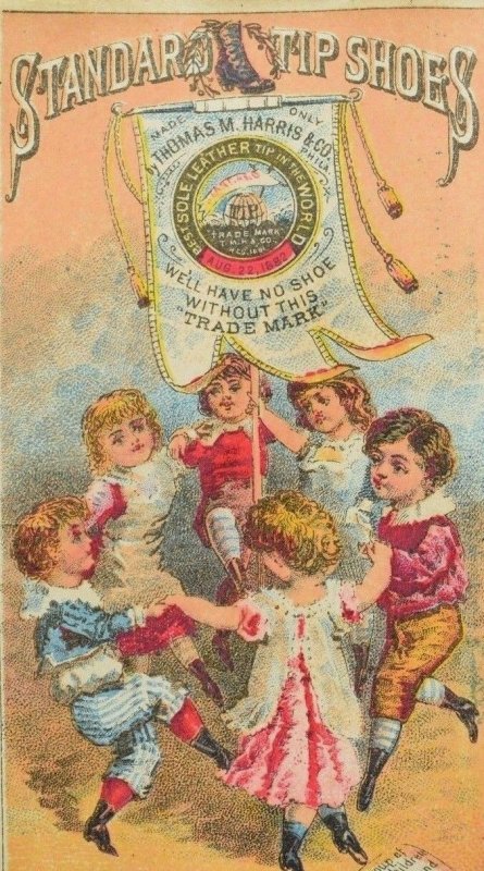 1870's-80's Standard Tip Shoes Adorable Children Dancing Around Banner P41