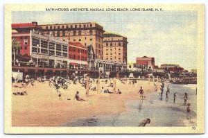 Bath Houses And Hotel Nassau Long Beach Long Island New York NY Postcard