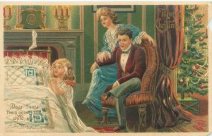 Christmas Postcard, Wealthy Parents Watch Girl Pray at Bed, Embossed, Colorful