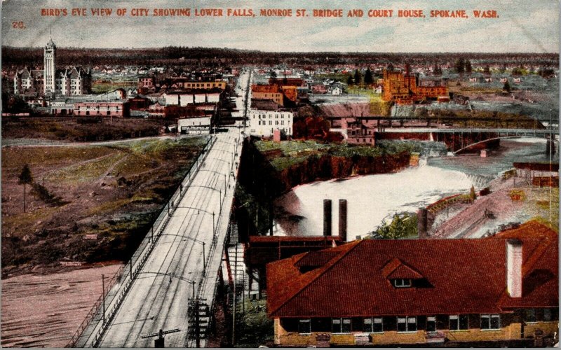 Vtg Spokane WA Birdseye View of City Lower Falls Monroe Street Bridge Postcard