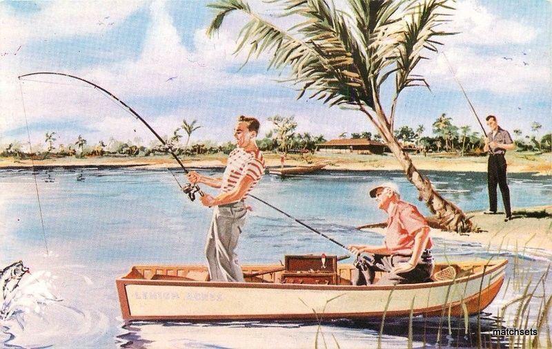 1950s Leeland Lake Lehigh Acres Florida Fishing Artist Impression 617 postcard