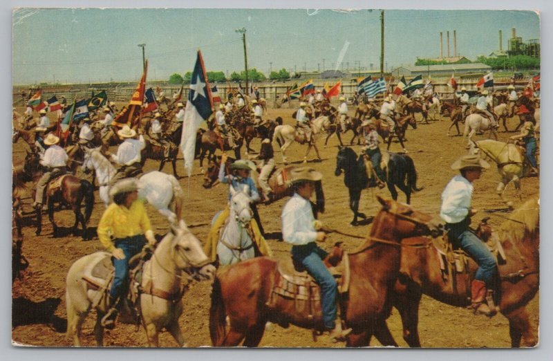 Western~Grand Entry At Texas Rodeo Cowboys And Cowgirls~Vintage Postcard