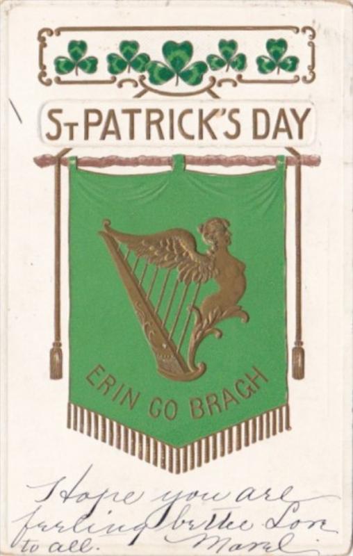 Saint Patrick's Day With Shamrocks & Gold Harp 1908