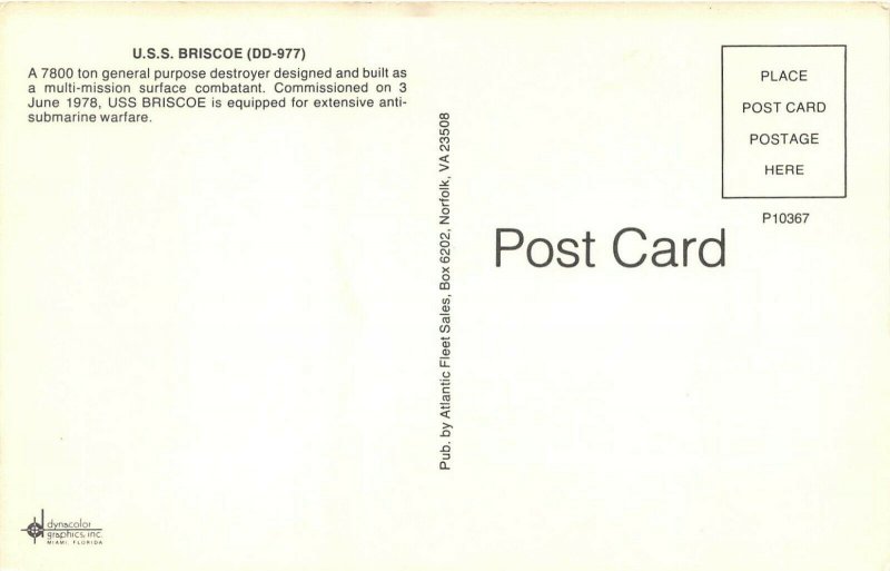 USS Briscoe DD-977 General Purpose Destroyer c19878 Navy Ship Postcard