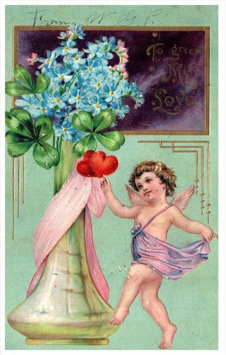 Valentine  Angel dancing  around Vase of Flowers