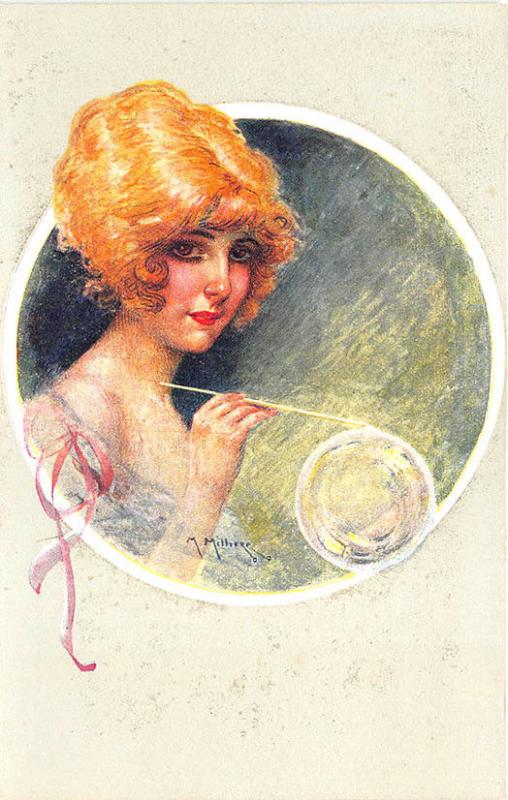 Red Head Woman Partial Nude Blowing Bubbles Maurice Milliere Postcard