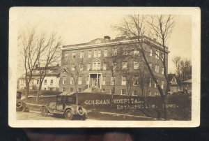 RPPC ESTHERVILLE IOWA COLEMAN HOSPITAL OLD CARS AZO REAL PHOTO POSTCARD