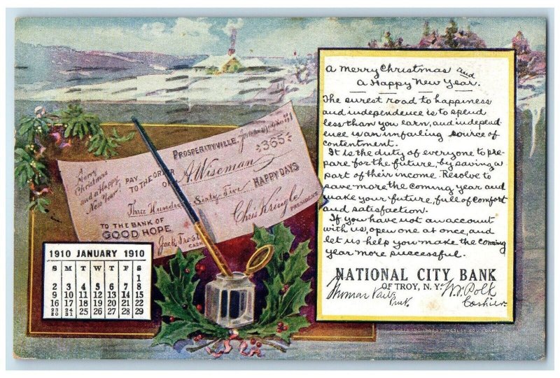 1909 January Calendar Prosperityville National City Bank Troy New York Postcard