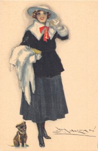 Glamour Fashion Art by Mauzan Elegant Lady with Dog Puppy postcard C328