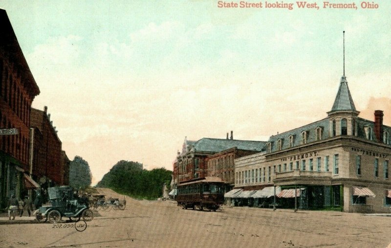 C.1900-09 State Street Looking West, Downtown Fremont, Ohio Main St. Postcard