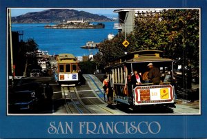 California San Francisco Cable Cars On Hyde Street Atop Russian Hill Alcatraz...