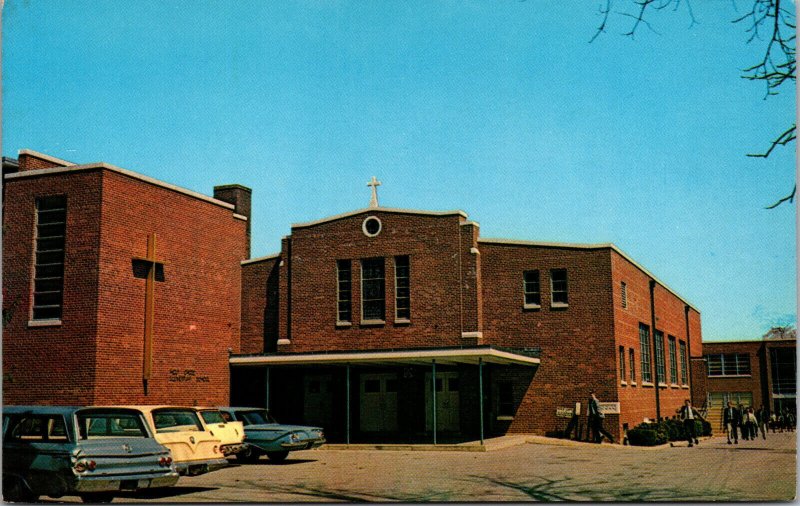 Vtg 1960s Dover Delaware DE Holy Cross Church & School Old Cars Postcard