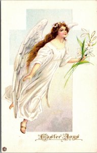 Embossed Easter Postcard Angel Dressed in White Cross Easter Lily