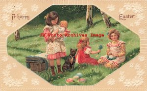 Easter, Unknown Pub, Children in Meadow with Doll, Colorful Eggs, Flower Border