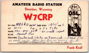 1937 QSL Radio Card Code W7CRP Sheridan Wyoming Amateur Station Posted Postcard