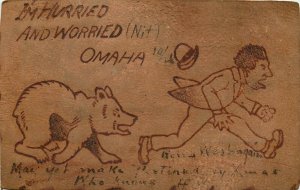 1906 Leather Postcard; Man Chased by Bear, Hurried and Worried in Omaha NE