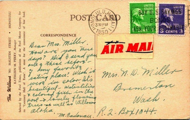 Honolulu Hawaii The Willows Restaurant 1910s Postcard w 1950 Airmail Postmark