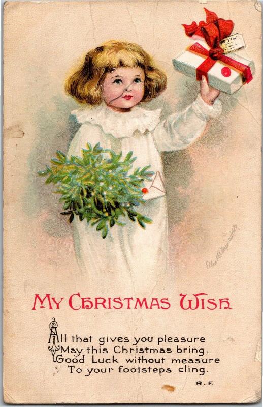 My Christmas Wish, Girl with Mistletoe, Gift, Ellen Clapsaddle Vtg Postcard M15