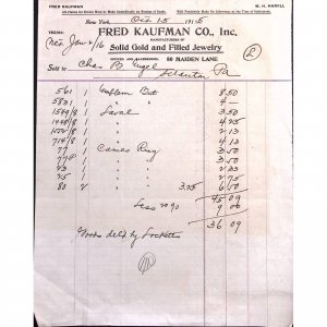 1915 NEW YORK CITY FRED KAUFMAN CO SOLID GOLD AND FILLED JEWELRY INVOICE Z117