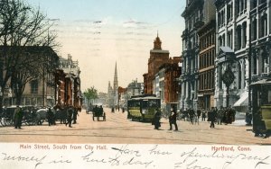 Postcard Antique View of Main Street , Trolley & Horse Carriages, Hartford, CT.