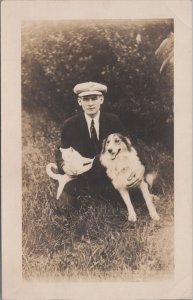 RPPC Postcard Man Holding Dog King Midas and Cat Snokums 1917