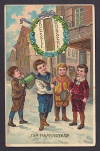 Vintage Germany Name Day Postcard Children Music Wreath Embossed 1911