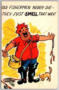 Vtg Comic Old Fisherman Never Die They Just Smell That Way Humor Unused Postcard