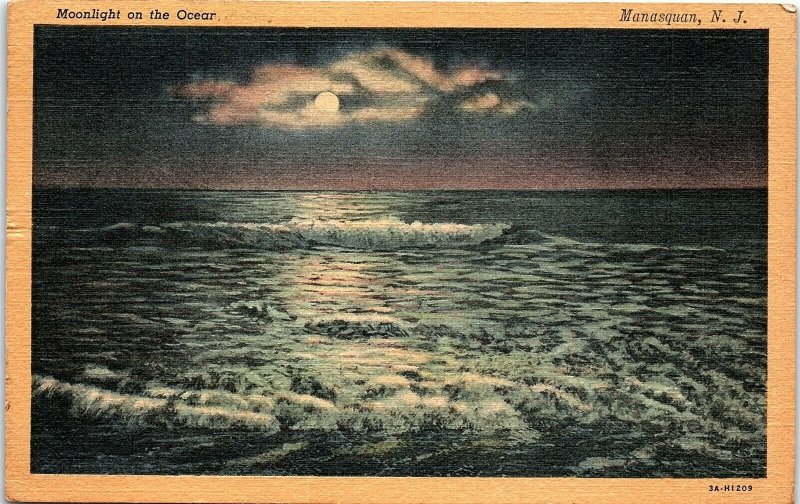 Postcard NJ Manasquan Moonlight On The Ocean BJ13