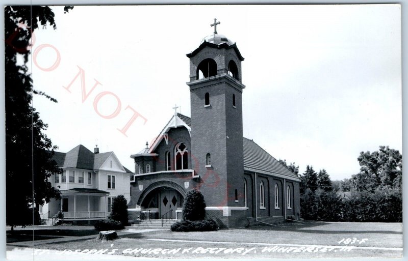 c1950s Winterset, IA RPPC St. Joseph's Church & Rectory Bell Tower Photo PC A108