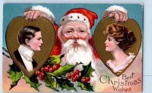 Christmas Postcard Santa Claus Heart Couple Holly Berries Embossed Bamforth