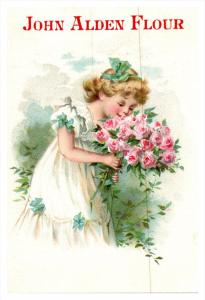 Trade Card , John Alden Flour , Girl in White dress , Bouquet  Roses  , Quine...