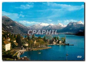 Modern Postcard Lake Annecy Talloires bay at the bottom the Bauges snowy