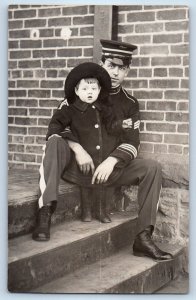 c1910's US Army Soldier And His Son RPPC Photo Posted Antique Postcard