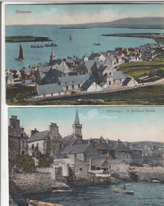 P1880 2 old postcard stomness air vew and harbor boats etc