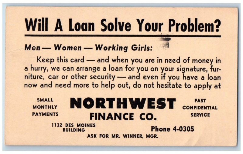 Des Moines Iowa IA Postcard Northwest Finance Co. Will Loan Solve Problem? 1947