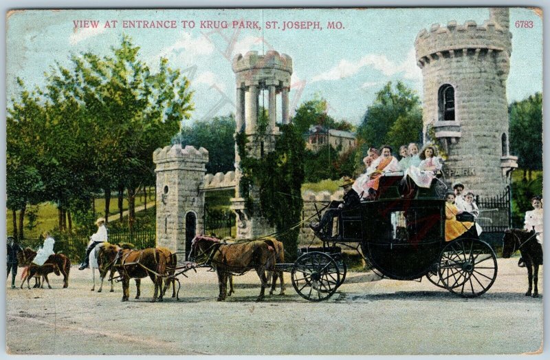 c1900s St. Joseph, MO Entrance Krug Park Stagecoach Horse Carriage Car Rook A200