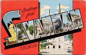 Greetings from Savannah GA Georgia Large Letter USA c1953 Linen Postcard H53