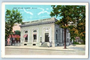 Clinton Iowa IA Postcard Post Office Building Exterior View Trees 1920 Unposted