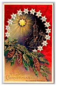 Joyous  Christmas Pine Bough Night Church Steeple Gilt Embossed DB Postcard A16