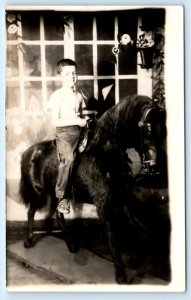 RPPC Studio Photo LITTLE BOY & Fake PROP HORSE ca 1940s Real Photo Postcard