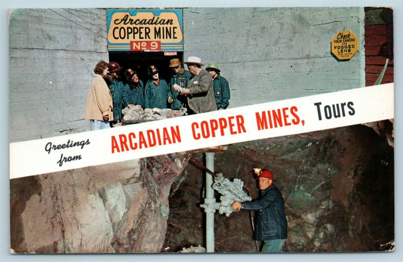 Postcard MI Ripley Michigan Greetings Arcadian Copper Mines Tours Drill AF11