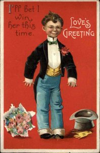 Valentine Awkward Little Boy in Suit In'tl Art c1910 Vintage Postcard