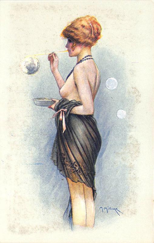 Black Negligee Woman Partial Nude Blowing Bubbles Maurice Milliere Postcard