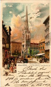 PC CPA US, NY, NEW YORK, GRACE CHURCH, BROADWAY VINTAGE LITHO POSTCARD (b6450)