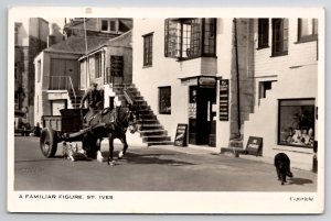 Cornwall St Ives Street Scene Man With Horse Cart Dogs Shops Postcard T23