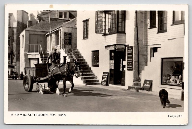 Cornwall St Ives Street Scene Man With Horse Cart Dogs Shops Postcard T23