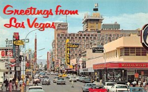 FREMONT STREET LAS VEGAS NEVADA WOOLWORTHS HOTELS SHOES CARS POSTCARD (1960s)