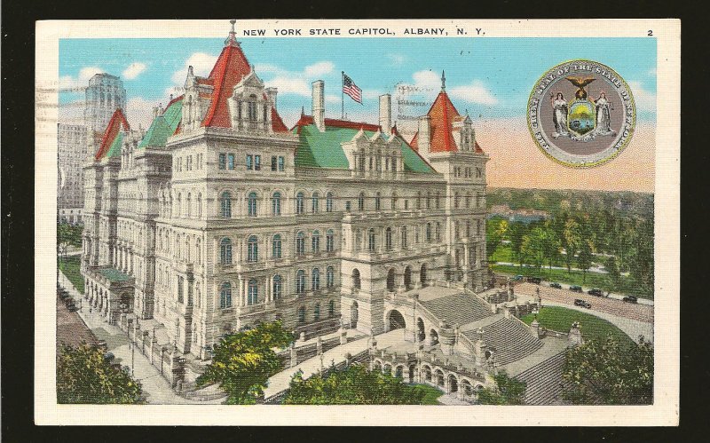 USA Postmark 1938 Albany NY New York State Capitol Albany Linen Postcard